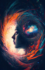 Wall Mural - chakra activates with meditation. third eye and pineal gland are connecting to the universe, being o