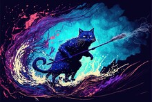  A Cat Is Standing On A Stick In The Water With A Wave Behind It And A Blue And Purple Background Behind It, With A Black Cat With A Long Tail And A Purple Tail.
