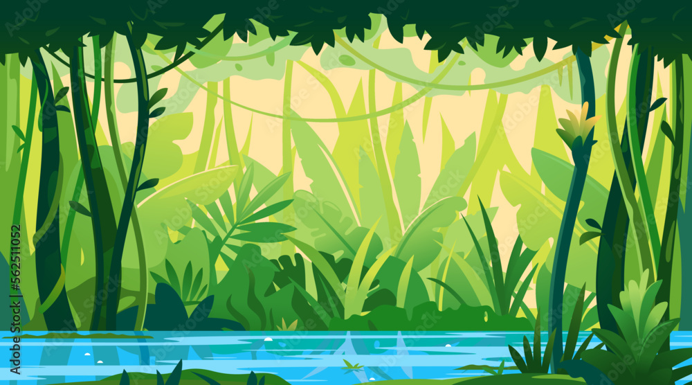 River flows through the jungle around different plants and trees with ...
