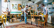 © ihorvsn - Mixed-race different people workers in coffee house working together putting chairs on tables to clean area at the end of workday. Preparing cafe before opening in quarantine. Job concept