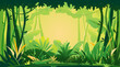 Wild jungle forest with trees, bushes and lianas, nature landscape with green jungle foliage and exotic plants growing on ground, horizontal banner with tropical plants on sunny day