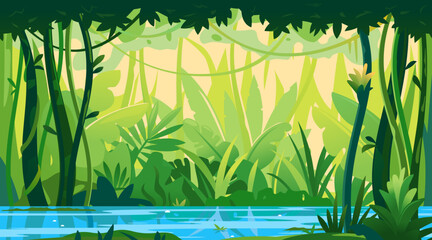 River flows through the jungle around different plants and trees with lianas, wildlife of tropical forest flooded with water, illustration of equatorial jungle, rainforest background