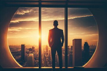 Arabic business man looking out through the office balcony seen through glass window. arab young man looking at Dubai city through hotel window. (ai generated)