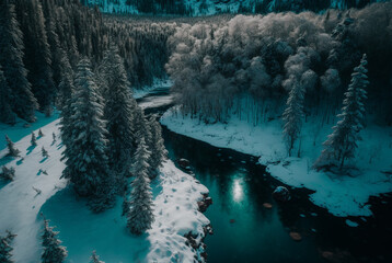 Wall Mural - Drone view of winter landscape with pine forest covered with snow and mountain lake. Snowy fir tree in beauty nature scenery from above. generative ai.