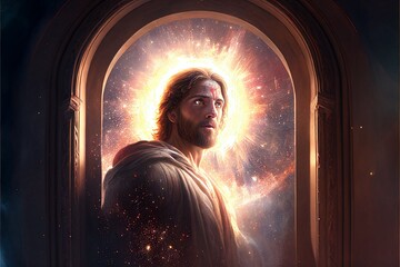 Jesus Christ walking towards heaven's gate, Generative AI