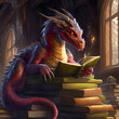 © rosinka79 - A red dragon laying on a pile of books in a library and reading a magical book. Created with Generative AI.