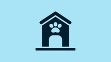 Blue Dog House And Paw Print Pet Icon Isolated On Blue Background. Dog Kennel. 4K Video Motion Graphic Animation