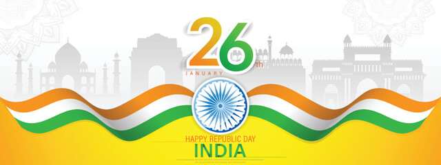 26 th January Indian Republic Day banner template design with Indian flag and silhouette of Indian monument.