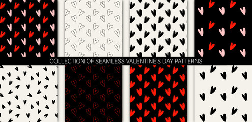 Wall Mural - Set of 8 elegant seamless patterns with hand drawn decorative hearts, design elements. Romantic patterns for greeting cards, scrapbooking, print, gift wrap. Collection of valentines day backgrounds