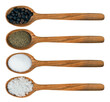 Two wooden spoons with coarse and ground salt. Two wooden spoons with pepper balls and ground. Isolated background.