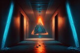 Fototapeta Do przedpokoju - Futuristic sci-fi orange and blue neon light triangle gate generative ai door