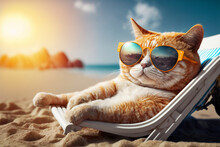 Cat With Sunglasses Chilling On The Beach. Vacation, Holiday Mood, Relax. Sand And Sea, Blue Sky. Travel. Generative AI.
