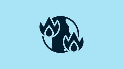 Sticker - Blue Global warming fire icon isolated on blue background. 4K Video motion graphic animation