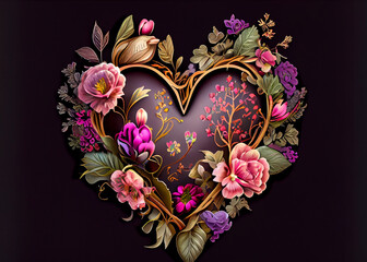 Canvas Print - Creative flowers heart over dark background. Top view, AI Generated,