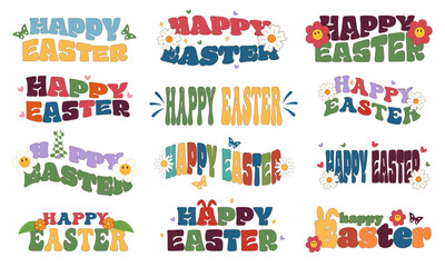 Wall Mural - happy easter groovy leterring with butterfly, bunnt ears, daisy flowers.wisted and distorted easter 