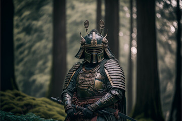 Wall Mural - Samurai in armor in the forest, Japanese warrior, ai generated art