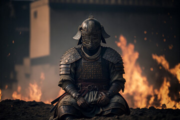 Wall Mural - Exhausted samurai in armor, after the battle, fell to his knees, against the backdrop of a burning ruined city, art generated by AI