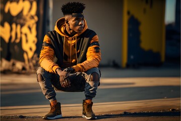 Fashionable male model wearing a trendy streetwear hip-hop outfit. Young handsome dark skinned guy posing outdoors in the street. Fashion Photography.