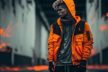 Wall Mural - Fashionable male model wearing a trendy streetwear hip-hop grey-orange outfit. Young handsome dark skinned guy posing outdoors in the street. Fashion Photography.