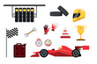 © MVshop - Set of equipment for riders in cartoon style. Vector illustration of formula 1 car, traffic lights, helmet, gloves, victory cup, finish flag, spare tires, wrench, fuel can on white background.