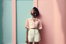 Fashionable Female Model Wearing A Beautiful Trendy Pink Yellow Pastel Color Summer Outfit With Sunglasses. Young Beautiful Dark-skinned And Black Hair Girl Posing In A Studio. Fashion Photography.