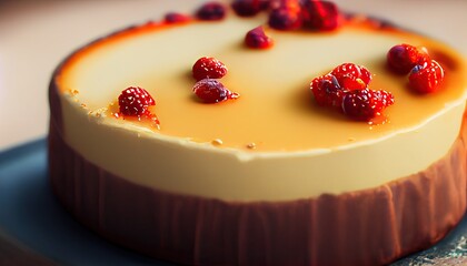 Classic plain New York Cheesecake sliced on wooden board, closeup view, selective focus. Generative AI