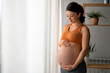 © Dorde - A young expectant mother stroking her baby bump and enjoying her morning, standing near the window at home, wearing comfortable maternity cloths.