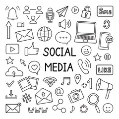 Social media doodle set. Online communication in sketch style. Vector illustration isolated on white background