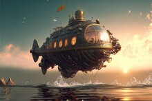 A Large Flying Machine Floats Above The Surface Of The Water, Steampunk Style Made With Generative AI