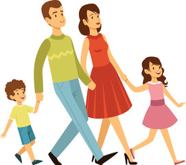 Canvas Print - Walking parents with kids. Cartoon family characters