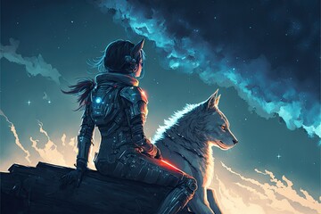 Wall Mural - woman and his pet in futuristic suit siting and looking at the star trail in the sky, digital art style, illustration painting