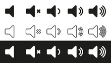 Sound Volume Icon Collection. Set Of Audio Icons With Different Signal Levels In Flat Style. Vector Illustration.