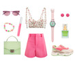 Summer women's clothes set isolated. Female spring clothing, green pink color apparel. Collection of girl's garment.