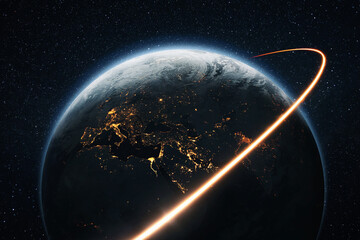 Fototapete - Space shuttle rocket flies with blasts and a light line around the night planet Earth with lights cities. Travel in space, concept. Space satellite flies near the planet earth. Starry space