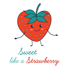 Wall Mural - Sweet like a Strawberry - hand drawn strawberry illustration with lettering. Doodle style vector Valentine card.