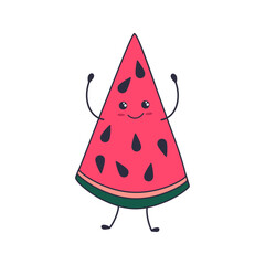 Wall Mural - Kawaii piece of watermelon in doodle style. Vector illustration isolated on white.
