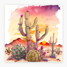 A Beautiful, Colored Desert With Cacti.