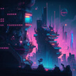 © manuel - Cyberpunk Metropolis with Blue and Pink Neon lights. Night scene with complex and advanced superstructures.