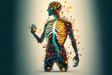 Wall Mural - Human Skeleton is made with flowers, leaves, fruits, and vegetables depicting energy, vitality, strength, and recovery. Medical. Doctor. Pharmaceutical. Nutrition. X-Ray. Anatomy