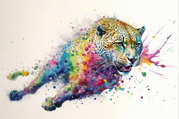 Wall Mural - watercolor painting of a colorful bright rainbow jaguar on white textured paper, paint exploding, ru