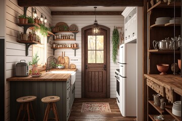 Wall Mural - Cozy farmhouse kitchen with rustic wood accents and open shelving generative ai