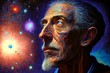 Elderly man experiences spiritual journey into the center of the universe after DMT release his body after death. Ai. Digital painting concept art.