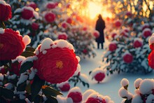 Many Tall Red Camellias Covered With Transparent Snow, Snow In Chinese Fairy Tales, Camellias Outdoor Romantic Generative Ai