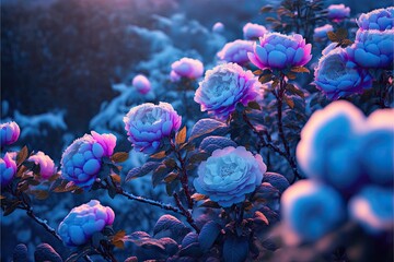 Sticker - Many tall flowers covered with transparent snow, snow in fairy tales, camellias outdoor romantic generative ai