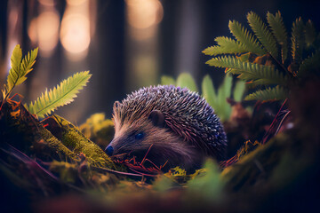  Hedgehog in the forest.  Generative AI.