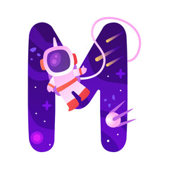 Sticker - Space Letter M as Font and Alphabet Capital Bold Figure with Astronaut Vector Illustration