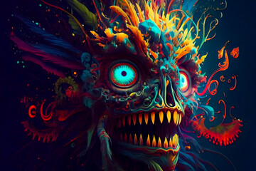 Wall Mural - horror poster. mystical head. psychedelic monster. generative ai.
