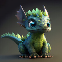 Cute Scaled Green Wing-less Dragon With A Tail, Cyan Eyes, Generative AI