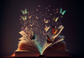 Canvas Print - open fantasy magic book with flying butterflies. generative AI