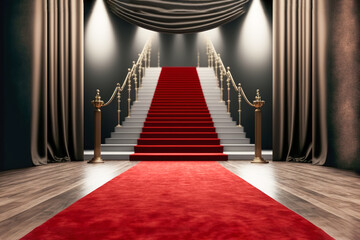 Red carpet leading to stairs with lights and curtains, Generative AI